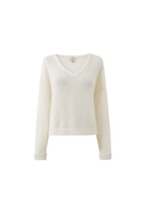 Wit gebreid sweater met een V-hals, lange mouwen en geribbelde boorden en zoom. De textuur is zacht en lichtgewicht.