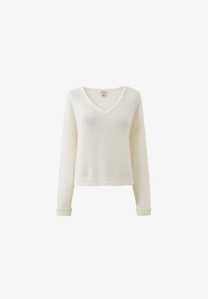 Wit gebreid sweater met een V-hals, lange mouwen en geribbelde boorden en zoom. De textuur is zacht en lichtgewicht.