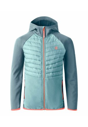 Hellblaue Jacke mit Kapuze, gesteppter Frontpartie, langen Ärmeln, Frontreißverschluss sowie korallenfarbenen Reißverschlusszügen und Besatz.