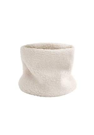Fleece neck warmer in cream, soft texture, cylindrical shape with a relaxed fit and seamless design, ideal for warmth and comfort.
