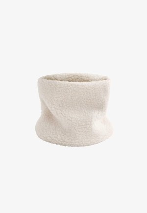 Fleece neck warmer in cream, soft texture, cylindrical shape with a relaxed fit and seamless design, ideal for warmth and comfort.