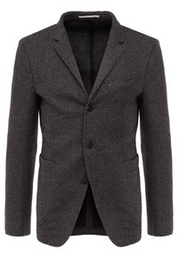 Blazer grigio strutturato con due bottoni, rever a punta e tasche frontali. Presenta un motivo intrecciato ed è completamente foderato per una maggiore struttura.