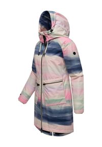 Giacca a vento colorata e lunga con cappuccio, caratterizzata da strisce orizzontali in rosa, blu e verde. Materiale liscio con finitura resistente all'acqua e tasche anteriori con zip.
