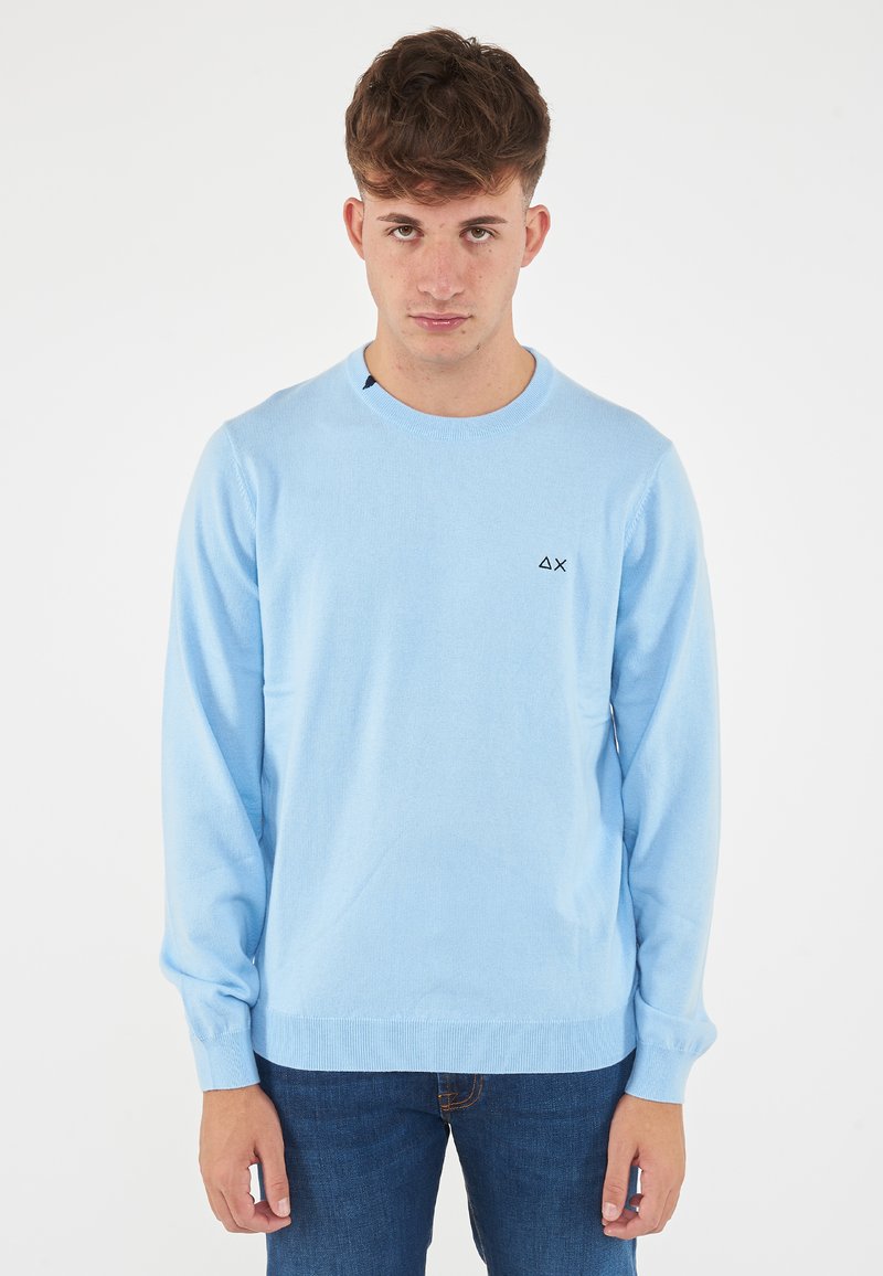 Maglione azzurro chiaro in un materiale morbido, con maniche lunghe, collo a giro e un piccolo logo nero sul petto.