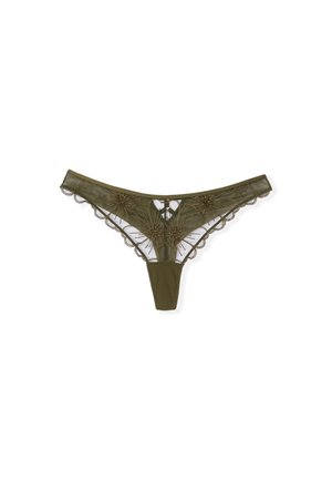 Olive green lace thong underwear with floral embroidery and scalloped edges on a white background.
