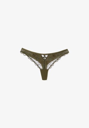 Olive green lace thong underwear with floral embroidery and scalloped edges on a white background.