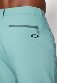 Lyhyt aqua siniset shortsit, jotka on valmistettu kevyestä kankaasta, sivutaskulla ja mustalla logolla, joissa on sileä pinta ja muotoiltu fit.