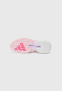 Shoe sole with a pink and white color scheme, featuring a herringbone pattern and a pink accent with three stripes near the heel.