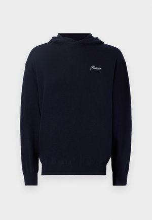 Navy blue hoodie made of soft fabric, featuring a front pocket, ribbed cuffs, and a small white "Future" embroidery on the chest.
