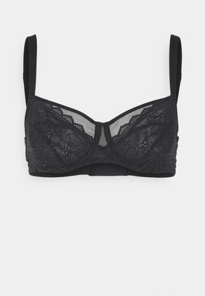 Black lace bralette featuring underwire support, mesh detailing, adjustable straps, and a hook-and-eye back closure. Smooth band under cups.