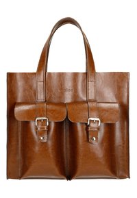 Braune lederen tote bag met twee voorzakken en zilverkleurige hardware, met een gladde textuur en stevige handvatten, voor veelzijdig draagcomfort.