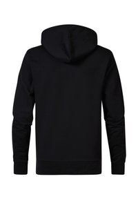 Sudadera negra hecha de un tejido suave, con una capucha amplia, mangas largas y puños y dobladillo acanalados. Diseño simple y sin adornos.