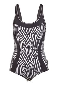 Zwart-wit gestreepte zwempak met een ronde halslijn, brede schouderbanden en contrasterende zijpanelen voor een extra design.