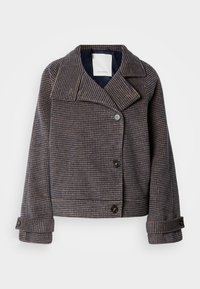 Kort brun og sort houndstooth-mønstret uldfrakke med brede revers, tre-knap front og knappede manchetter.