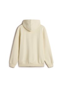 Cream-colored hoodie, soft fabric, kangaroo pocket, adjustable drawstring hood, ribbed cuffs and hem, minimalistic design, no visible logos.