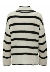 Strickpullover mit Kragen, ausgestattet mit horizontalen schwarz-weißen Streifen. Strukturierter Stoff, lockere Passform und überschnittene Schultern.