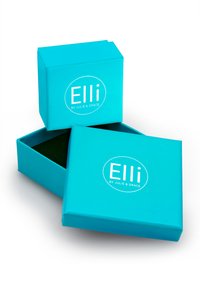 Turquoise cadeau doos met een gladde textuur, met een wit, rond logo "Elli by Julie & Grace," gedeeltelijk open om een groene binnenkant te onthullen.
