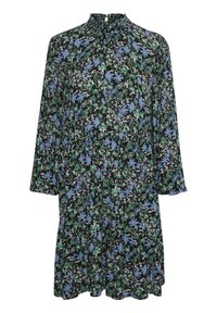 Schwarzes Kleid mit einem floralen Muster in Blau und Grün, langen Ärmeln, einem hohen Kragen und einem mehrlagigen Rüschensaum.