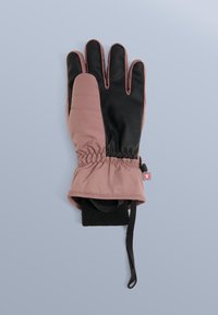 Vodootporne rukavice s ružičasto-crnom kombinacijom boja. Značajke uključuju teksturiranu crnu dlan, elastični manžet i unutarnju postavu od flisa.