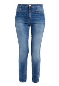 Blå denimjeans med slim fit, med en midja med knappstängning, fem fickor och subtila blekningar på benen.