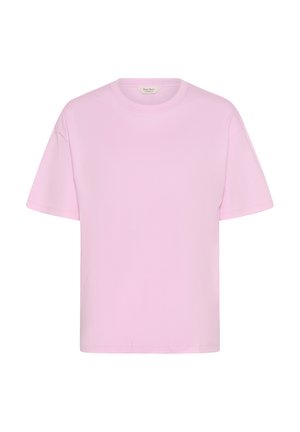 T-shirt rose clair uni à manches courtes avec col ras du cou, coupe décontractée, présenté sur un fond blanc.
