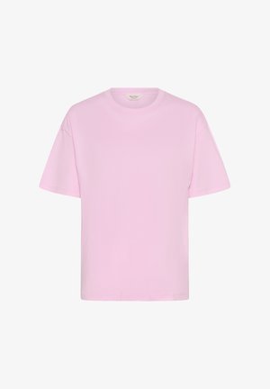 T-shirt rose clair uni à manches courtes avec col ras du cou, coupe décontractée, présenté sur un fond blanc.