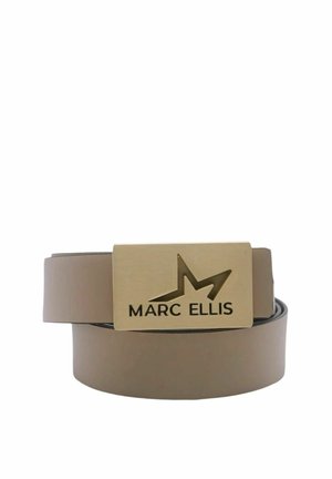 Cintura in pelle color taupe con fibbia rettangolare dorata con motivo a stella ritagliata e testo "MARC ELLIS".