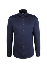 Chemise habillée bleu foncé à manches longues avec boutons, col classique et poignets boutonnés, présentée sur fond blanc uni.