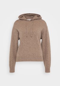 Felpa marrone realizzata in morbido tessuto a maglia, con cappuccio regolabile, maniche lunghe e orlo e polsini a costine.
