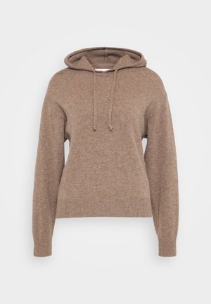 Brauner Hoodie aus weichem Strickmaterial, mit einer Kapuze mit Kordelzug, langen Ärmeln sowie einem gerippten Saum und Ärmeln.