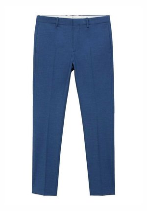 Maßgeschneiderte blaue Hose mit glatter Textur, flachem Vorderteil und zwei Seitentaschen. Hergestellt aus gewebtem Stoff; mit scharfen Falten entlang der Beine.