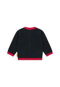 Maglione nero a maniche lunghe con collo, polsini e orlo a coste rossi, mostrato da dietro su uno sfondo bianco.