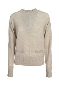 Maglione beige a maglia con scollo rotondo, orlo a coste e maniche lunghe. Presenta due tasche frontali e una superficie liscia.