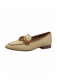 Beige woven loafers with a brown leather accent and gold-tone hardware detail. Low heel, rounded toe, and textured surface.