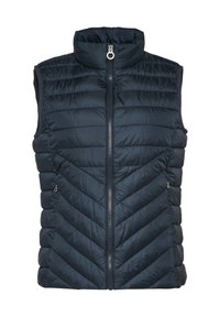 Gilet sans manches bleu marine en duvet avec un col montant, une fermeture éclair à l'avant et un motif en chevrons. Comprend deux poches latérales zippées.