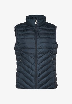 Gilet imbottito senza maniche di colore blu navy con colletto alto, zip frontale e motivo a zigzag. Presenta due tasche laterali con zip.