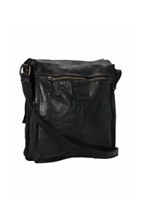 Borsa a tracolla in pelle nera con finitura texturizzata, dotata di una tasca frontale con zip e di una tracolla removibile per indossarla a bande.