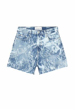 Denim-Shorts mit Acid-Wash-Muster, Knopf- und Reißverschluss, Vordertaschen und Calvin Klein Jeans Etikett am Bund und an der Tasche.