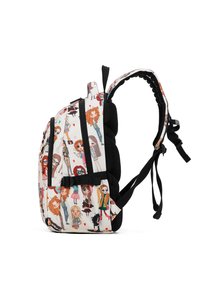 Multikleurige rugzak met een verscheidenheid aan cartoonfiguren. Gemaakt van duurzaam fabric met gepadde schouderbanden en een ritssluiting. Zwarte accenten.