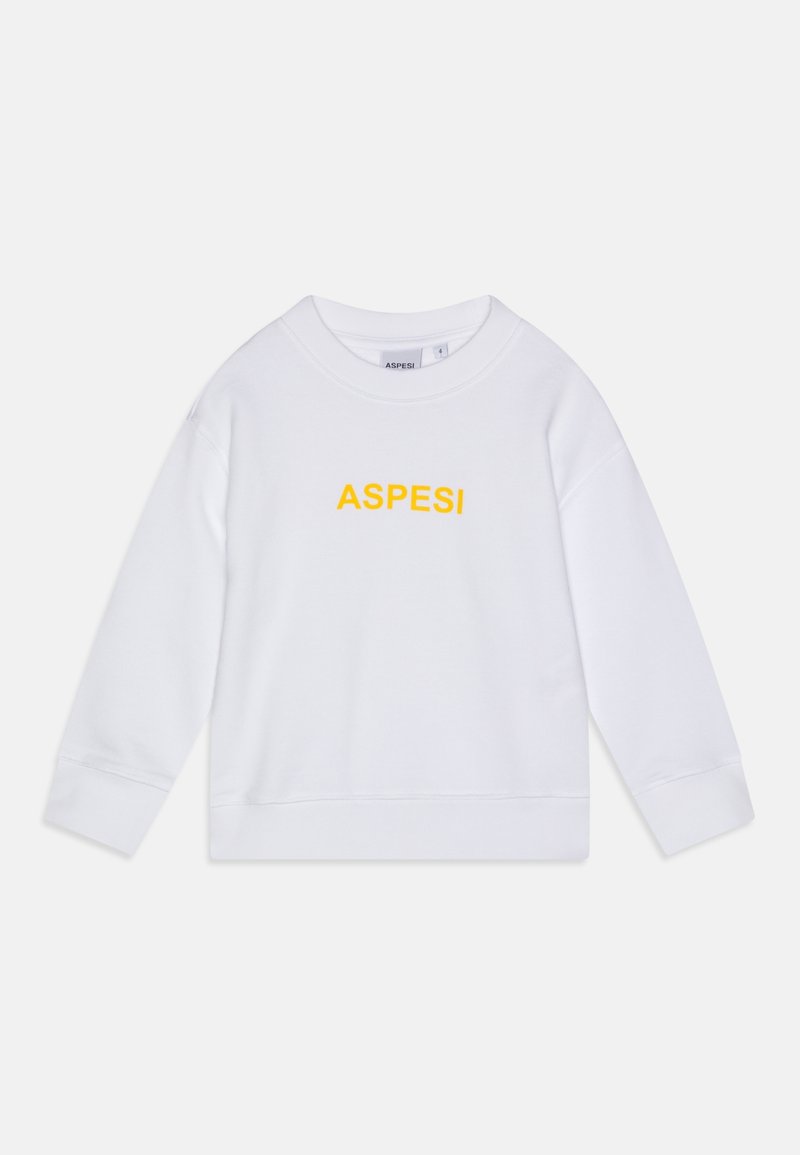 Sweatshirt blanc à manches longues et col rond avec le texte jaune "ASPESI" centré sur la poitrine, posé à plat sur un fond blanc.