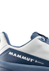 Blå och grå klättersko med texturerad tyg, förstärkt sömnad, logodetalj och GORE-TEX-märkning. Har snörningssystem.