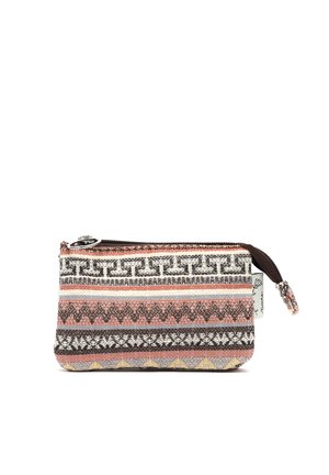 Petite pochette rectangulaire zippée avec des motifs géométriques aux tons marron, blanc, rose et jaune sur tissu.