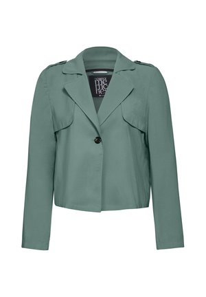 Grüne kurze Jacke mit langen Ärmeln, Reverskragen, vorderem Knopfverschluss und Schulterklappen. Hergestellt aus glattem Stoff mit glatter Textur.