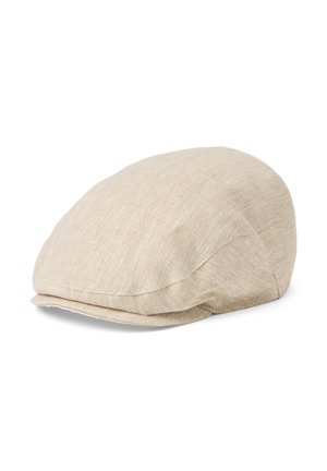 Casquette plate en lin beige avec une petite visière, une couronne lisse et arrondie, et un tissu doux et texturé.