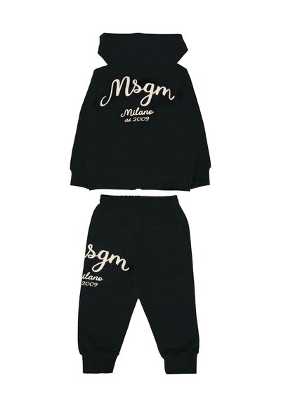 Zwart hoodie- en sweatpants-set met witte borduursel "Msgm Milano est 2009" op de rug en het been, met elastische boorden en tailleband.