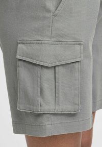 Shorts cargo gris avec poches latérales à rabat, fabriqués en tissu durable, à texture lisse et à ourlet propre.