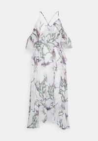 Blommig maxiklänning i lätt, genomskinlig tyg. Har avtagbara volanger, spaghettistropper och en vit botten med gröna och lila mönster.