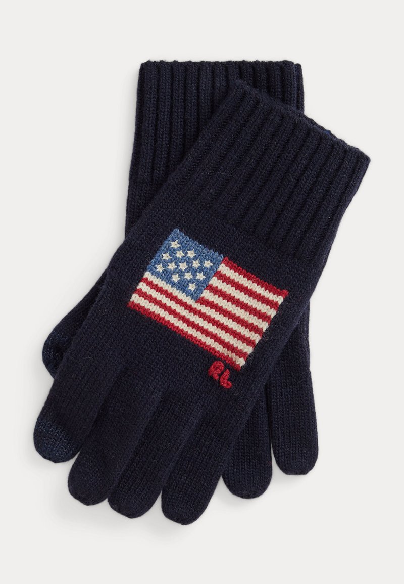 Guantes tejidos azul marino con puños acanalados, con una bandera americana cosida y las iniciales rojas "RL" en el dorso de un guante.
