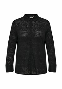 Chemise noire à manches longues avec un motif floral en dentelle texturée, col et fermeture à boutons. Conçue avec une coupe décontractée.