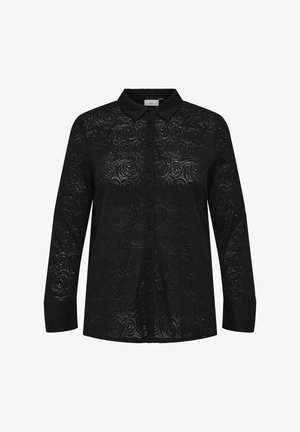 Zwarte langek mouw shirt met een textuur van bloemige kant, kraag en knoopsluiting aan de voorkant. Ontworpen met een ontspannen pasvorm.